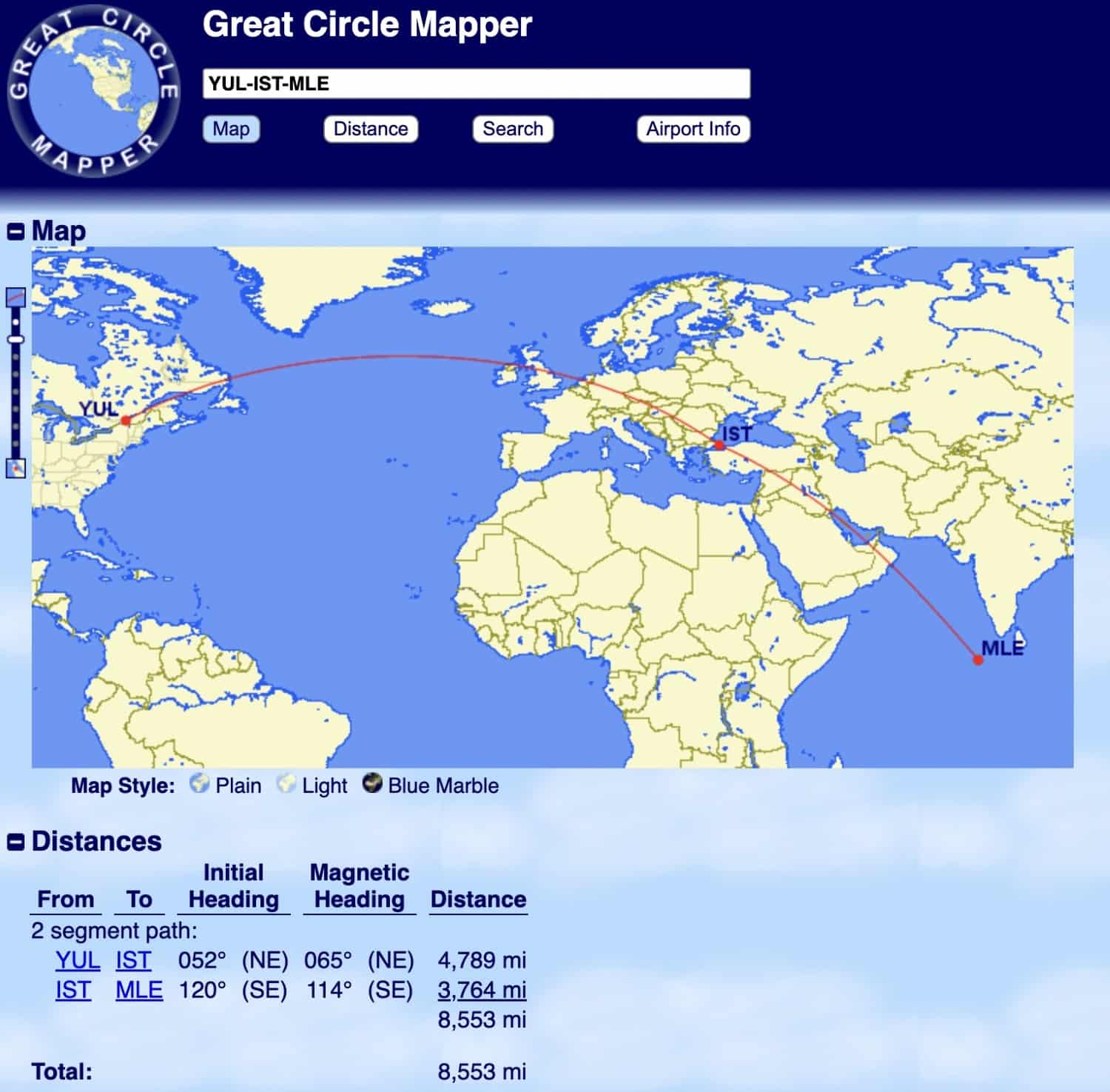 montreal to istanbul to maldives distance on great circle mapper