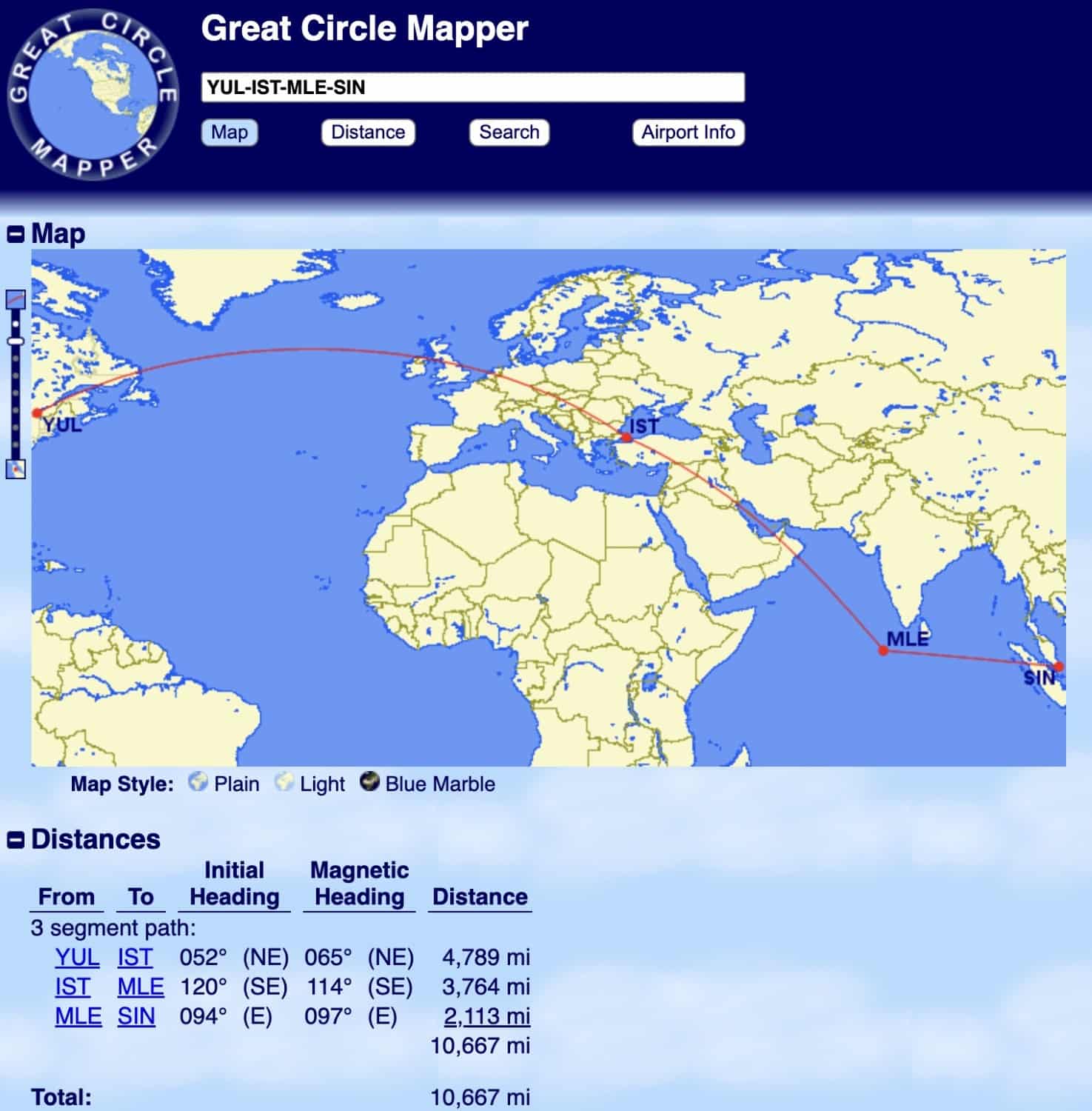 montreal to istanbul to maldives to singapore distance on great circle mapper