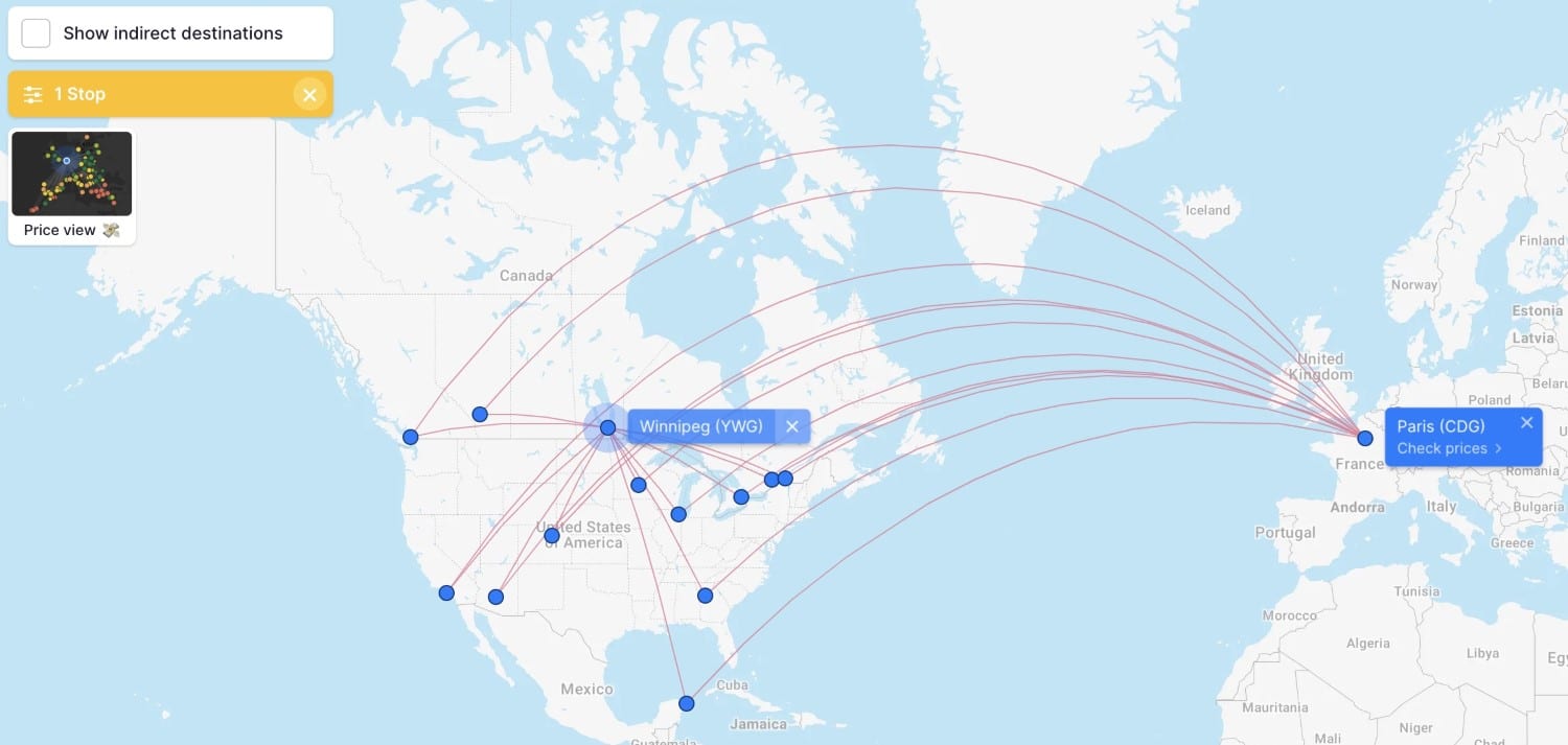 routing options from winnipeg to paris on flightconnections