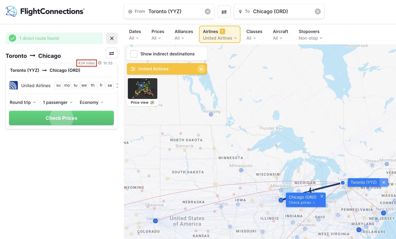 toronto to chicago distance routing on flightconnections