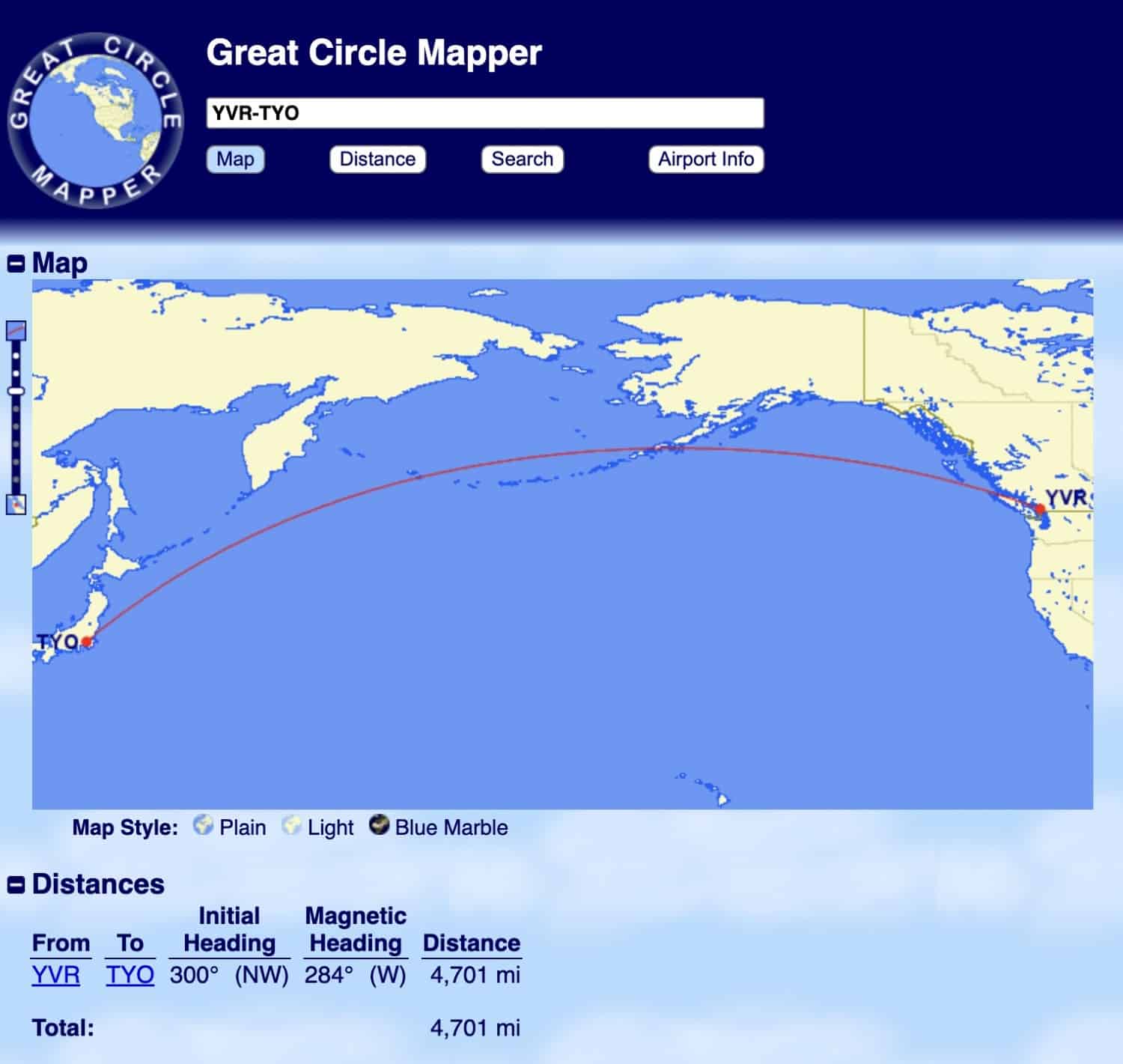 vancouver to tokyo distance on great circle mapper