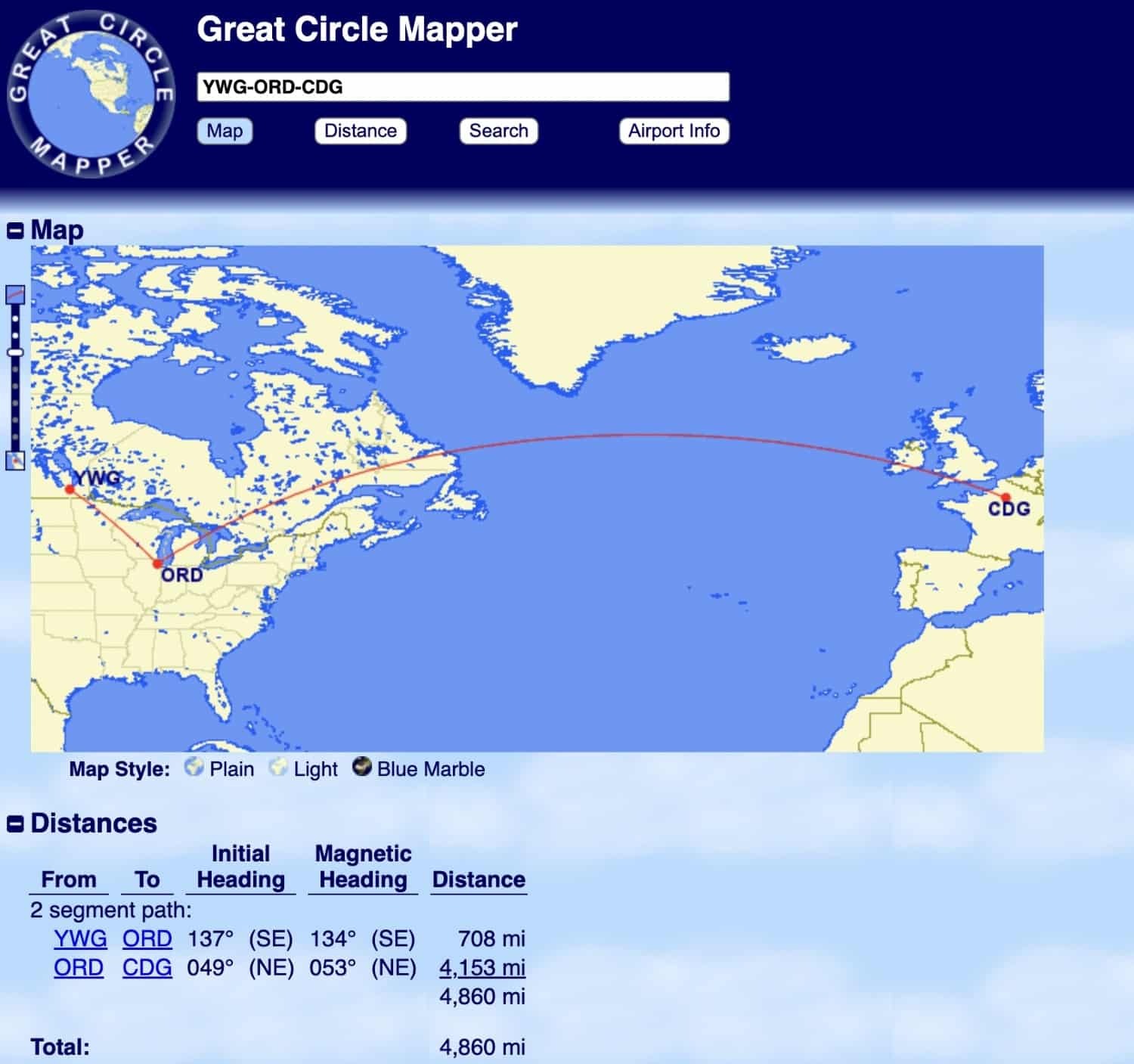 winnipeg to chicago to paris routing distance on great circle mapper