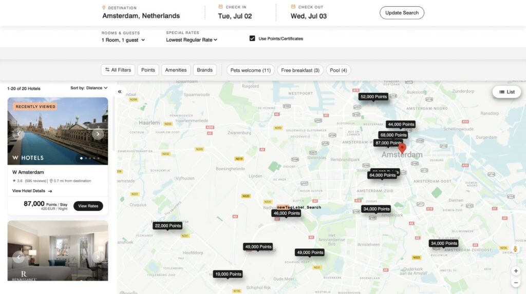marriott amsterdam availability with bonvoy point cost map