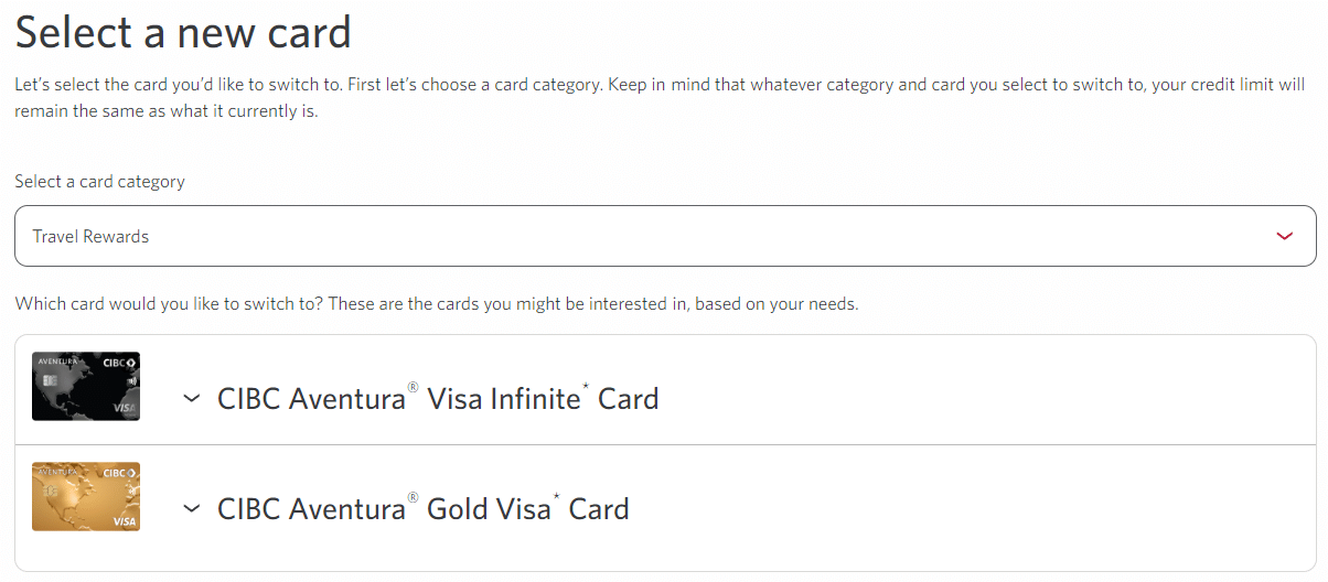 cibc product switch select a new card