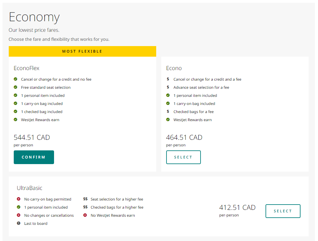 westjet economy fare classes with details