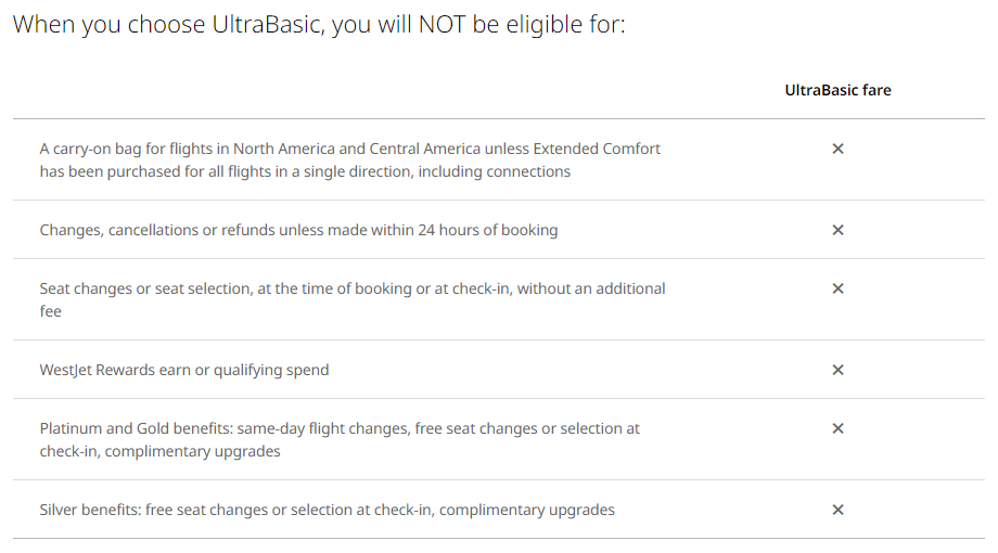 westjet ultrabasic fare features excluded