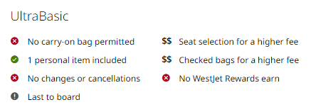 westjet ultrabasic fare features