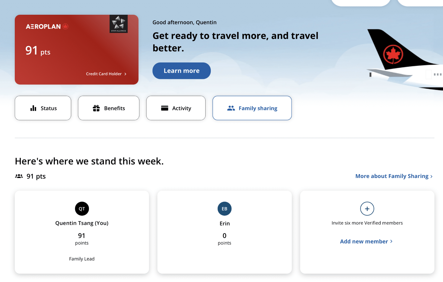aeroplan family sharing home page with balances