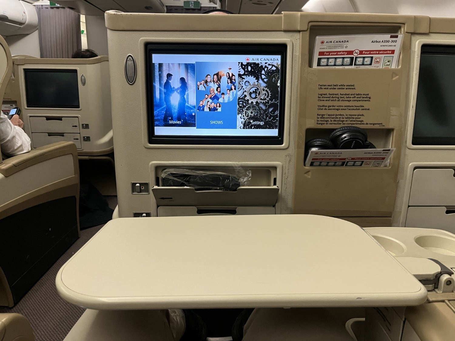 air canada a330 business class tray table extended