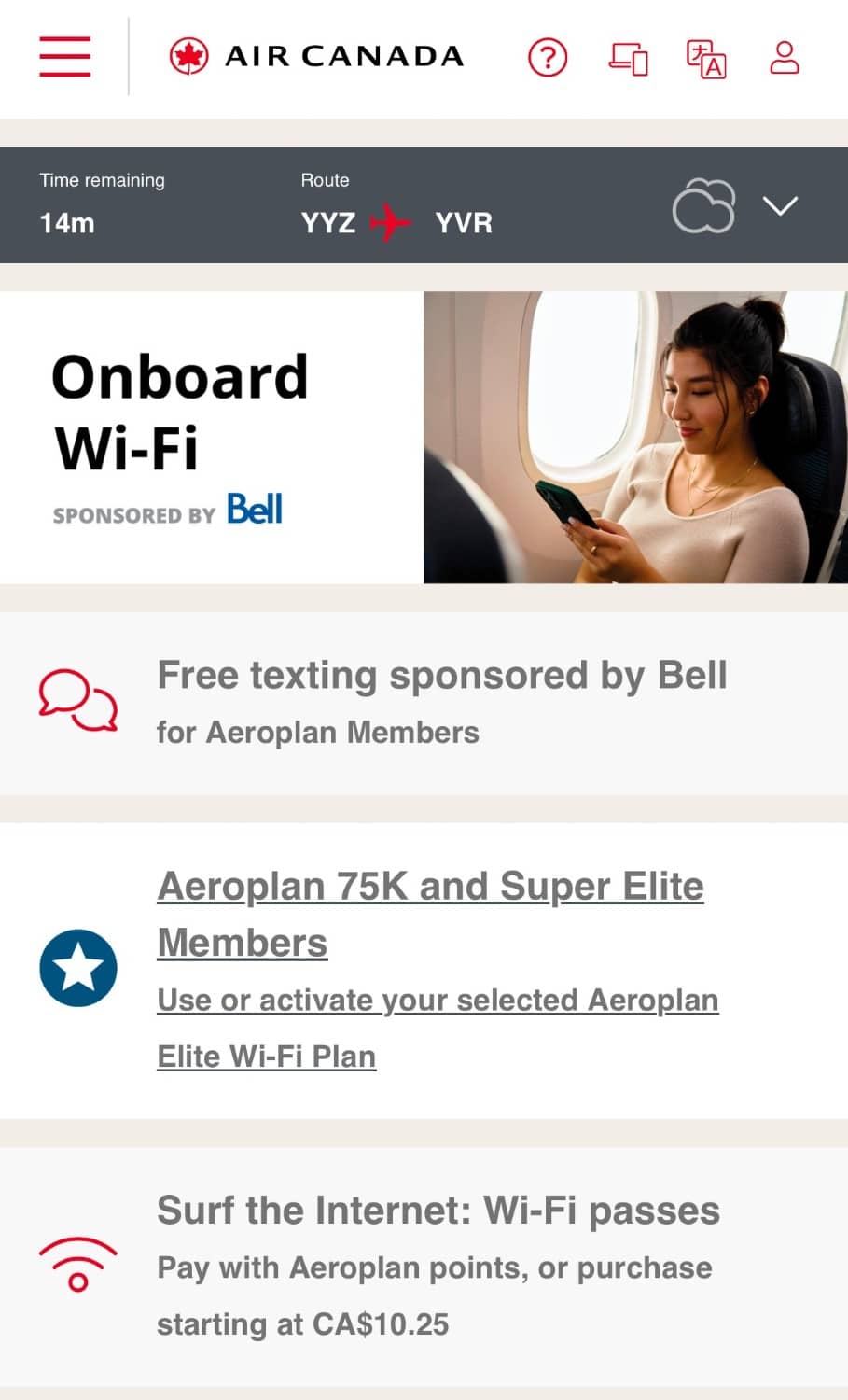 air canada in-flight wifi options