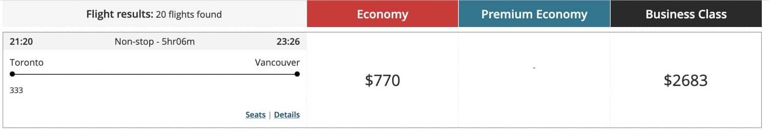 air canada toronto to vancouver flight cash rates