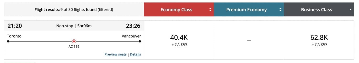 air canada toronto to vancouver redemption with aeroplan points cost