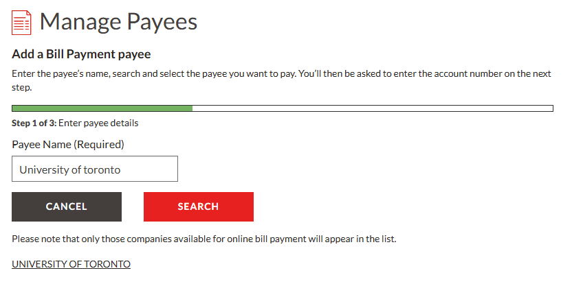 canadian tire financial bill pay to university of toronto