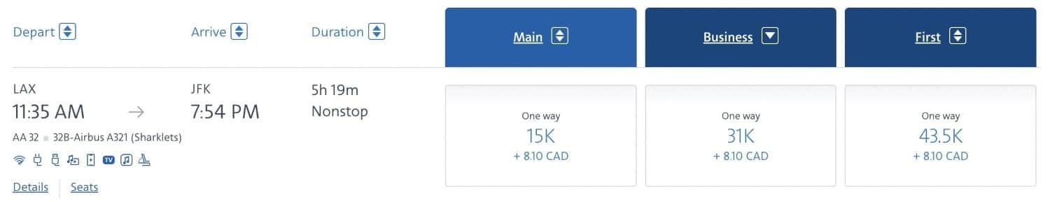 los angeles to new york american airlines aadvantage redemption pricing