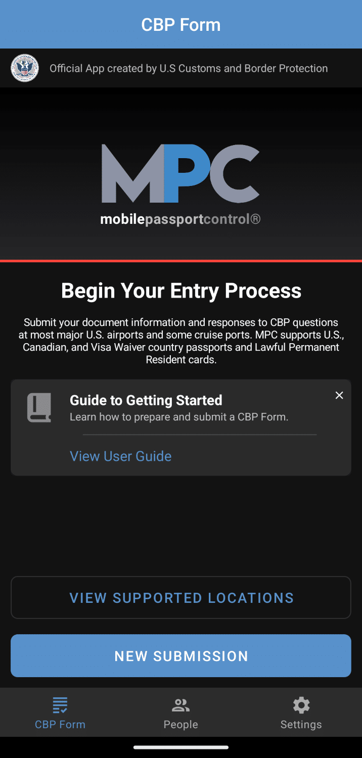 mobile passport control app entry screen