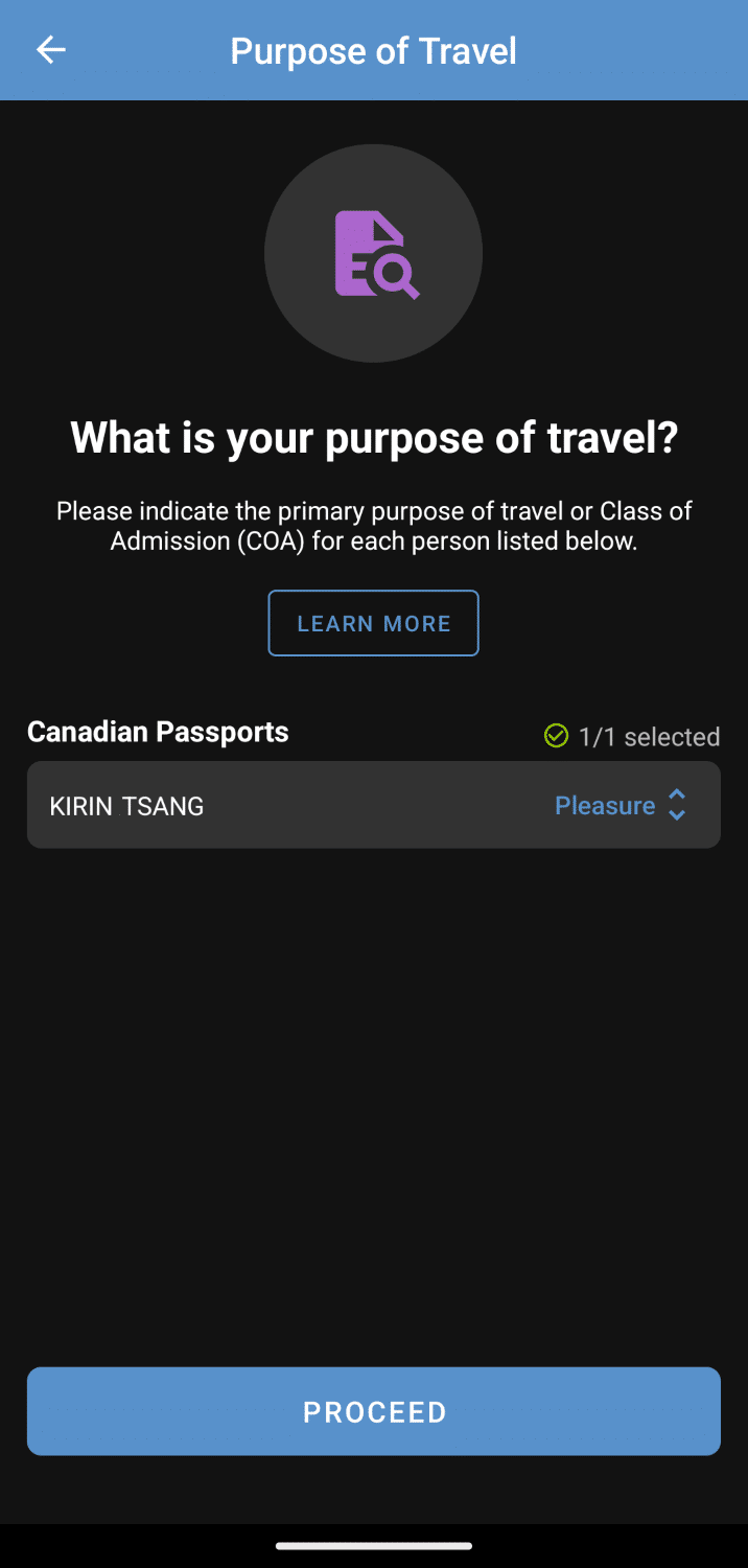 mobile passport control app purpose of travel