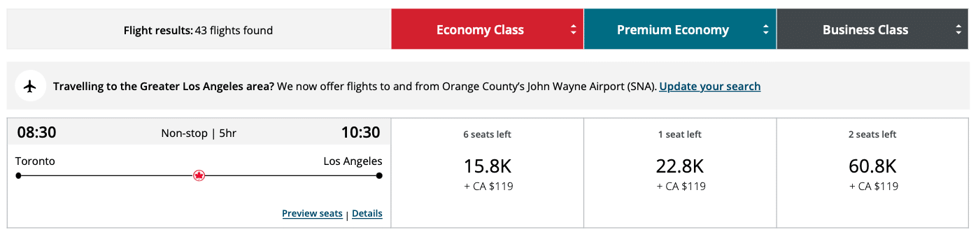 toronto to los angeles aeroplan award booking with pricing