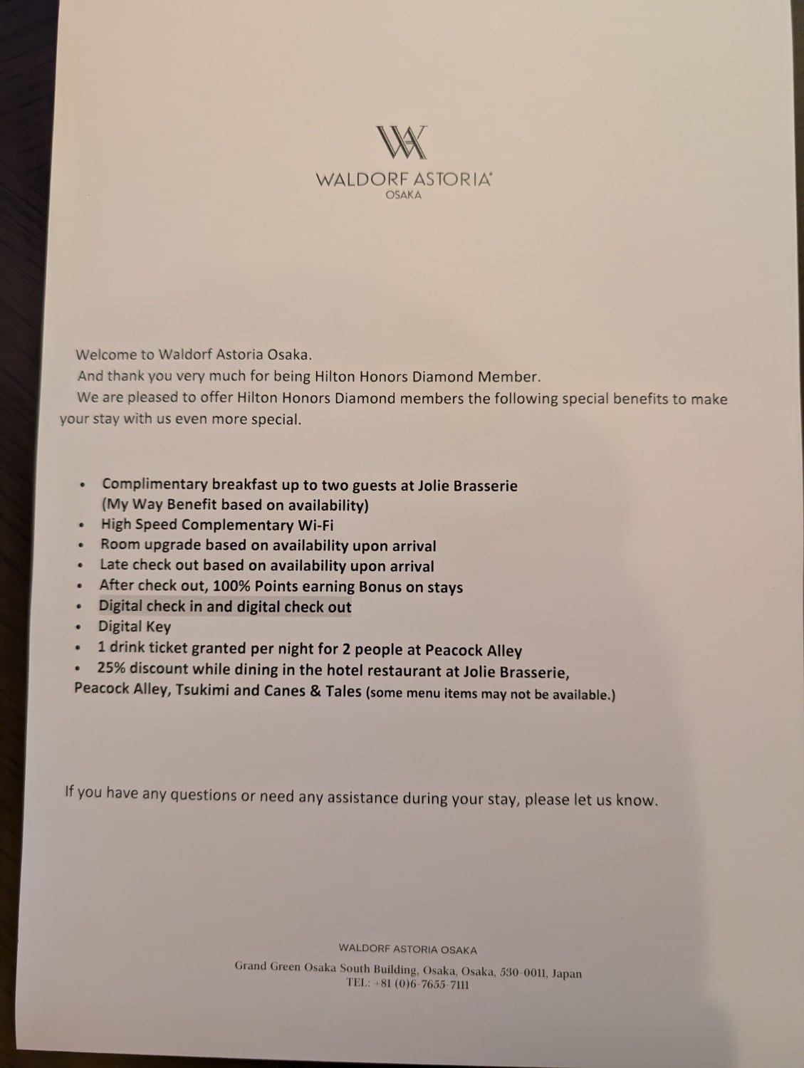 waldorf astoria osaka diamond member benefits