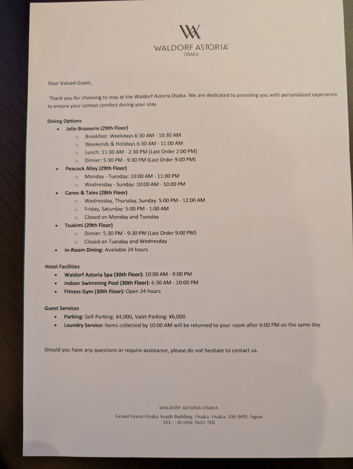 waldorf astoria osaka hotel information