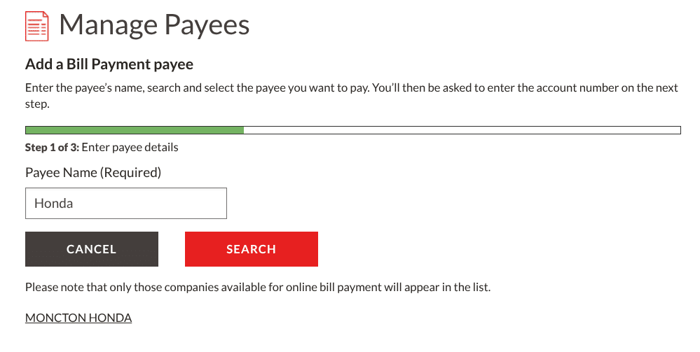 canadian tire financial services add bill payee screen