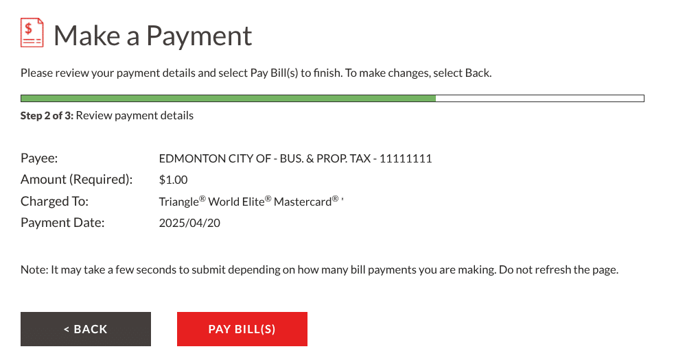 canadian tire financial services finalize bill payment
