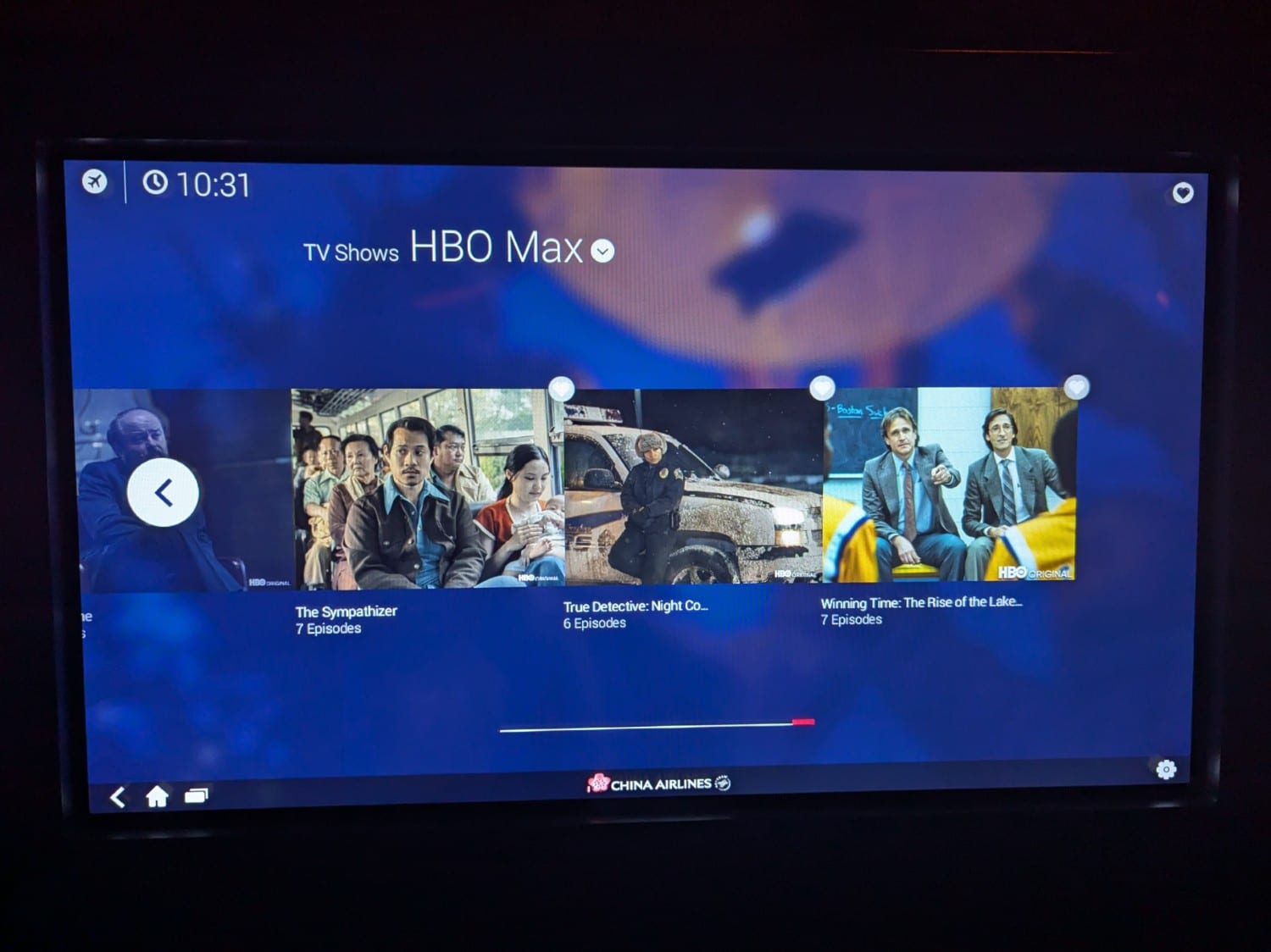 china airlines business class entertainment console hbo max