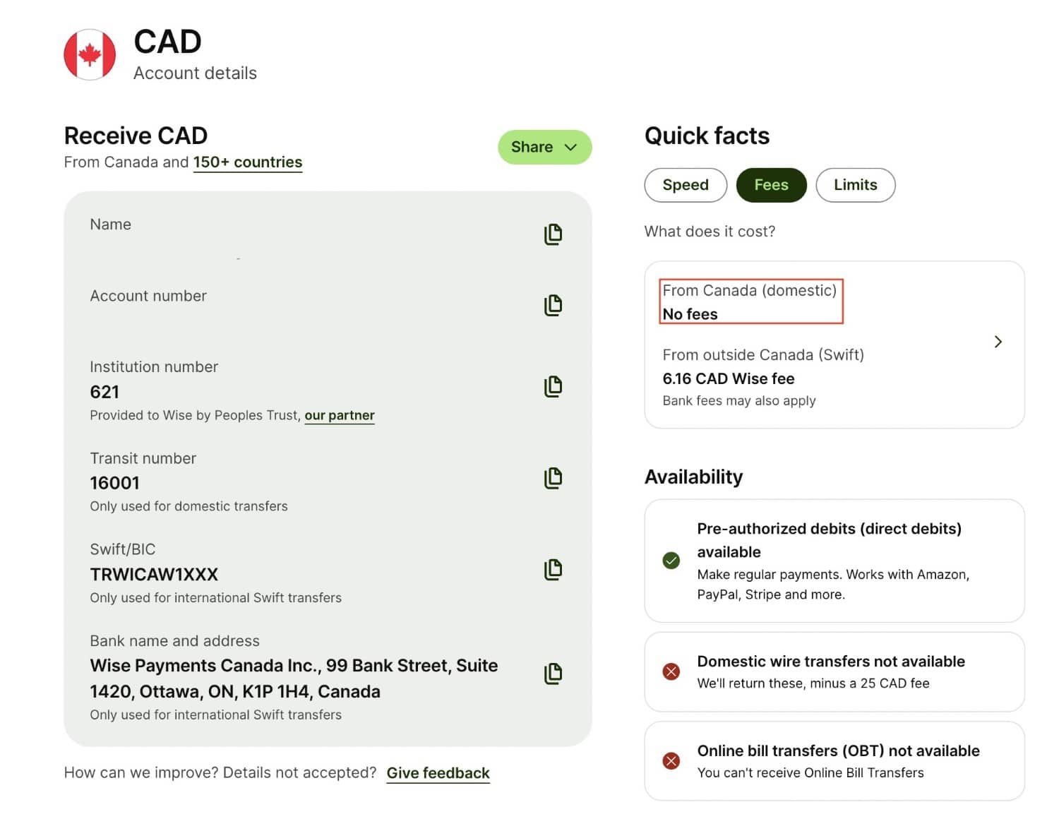 wise receive canadian dollars cad details