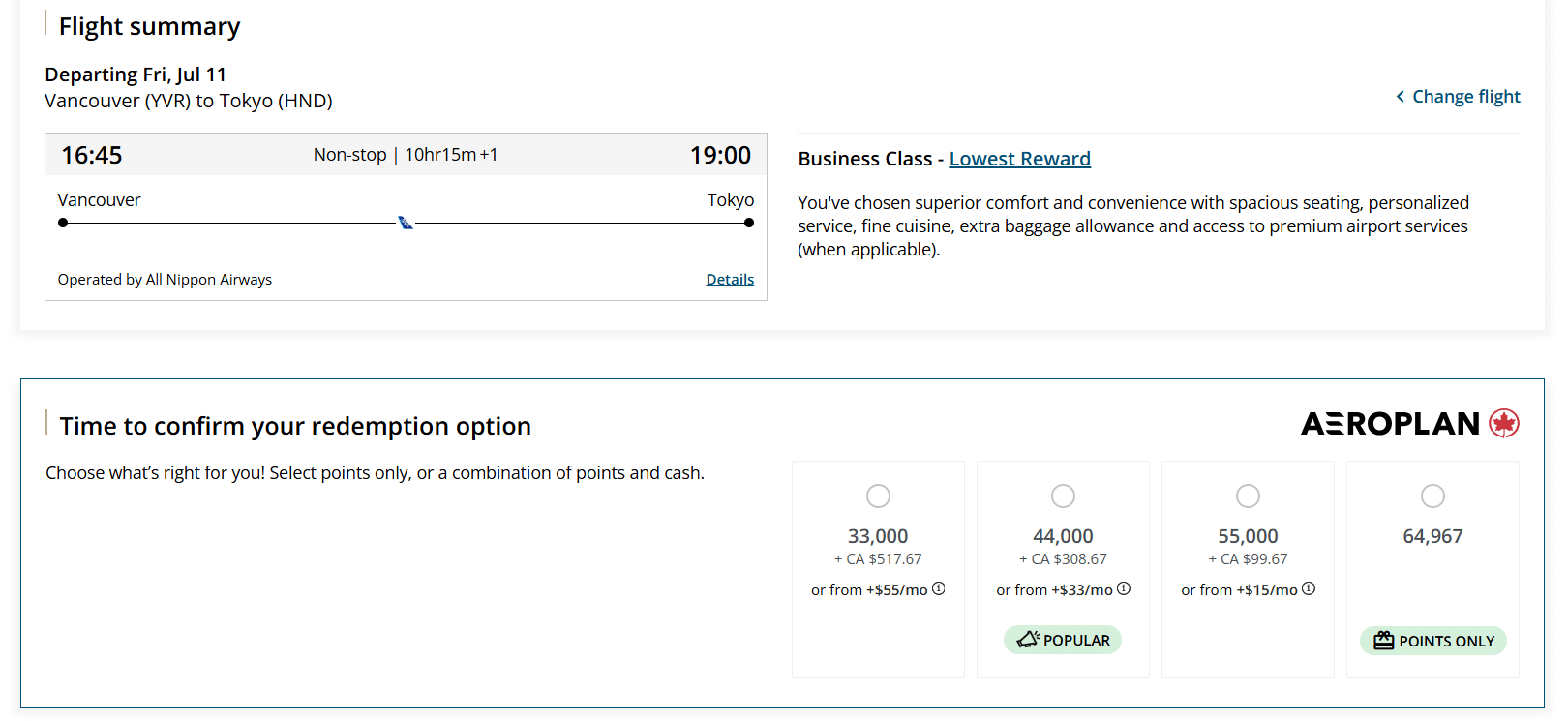 Points Aeroplan + option de récupération en espèces pour la classe affaires à Anna