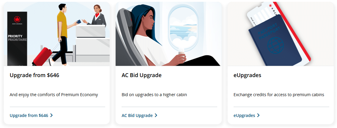 Air Canada AC Bid Upgrade menu option in Aeroplan online dashboard.