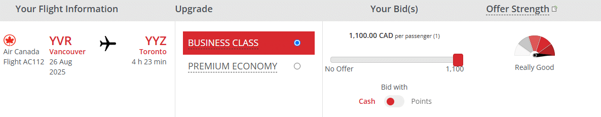 Air Canada Bid Upgrade using cash to business class on flight from YVR to YYZ costs up to $1,100 Canadian dollars.