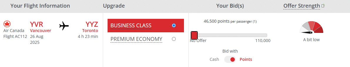 Air Canada Bid Upgrade using Aeroplan points to business class on flight from YVR to YYZ costs between 46,500 and 110,000 Aeroplan points.