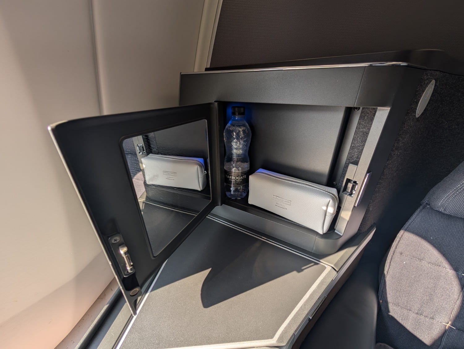 british airways business class a350 storage with water and amenity kit