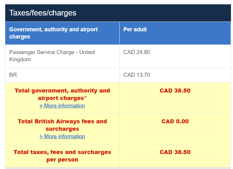 british airways business class a350 taxes and fees surcharges
