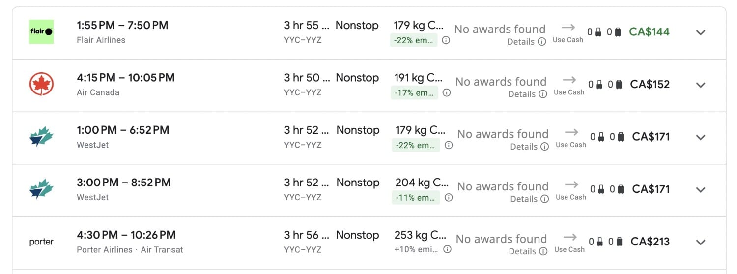canadian airlines flights from calgary yyc to toronto yyz