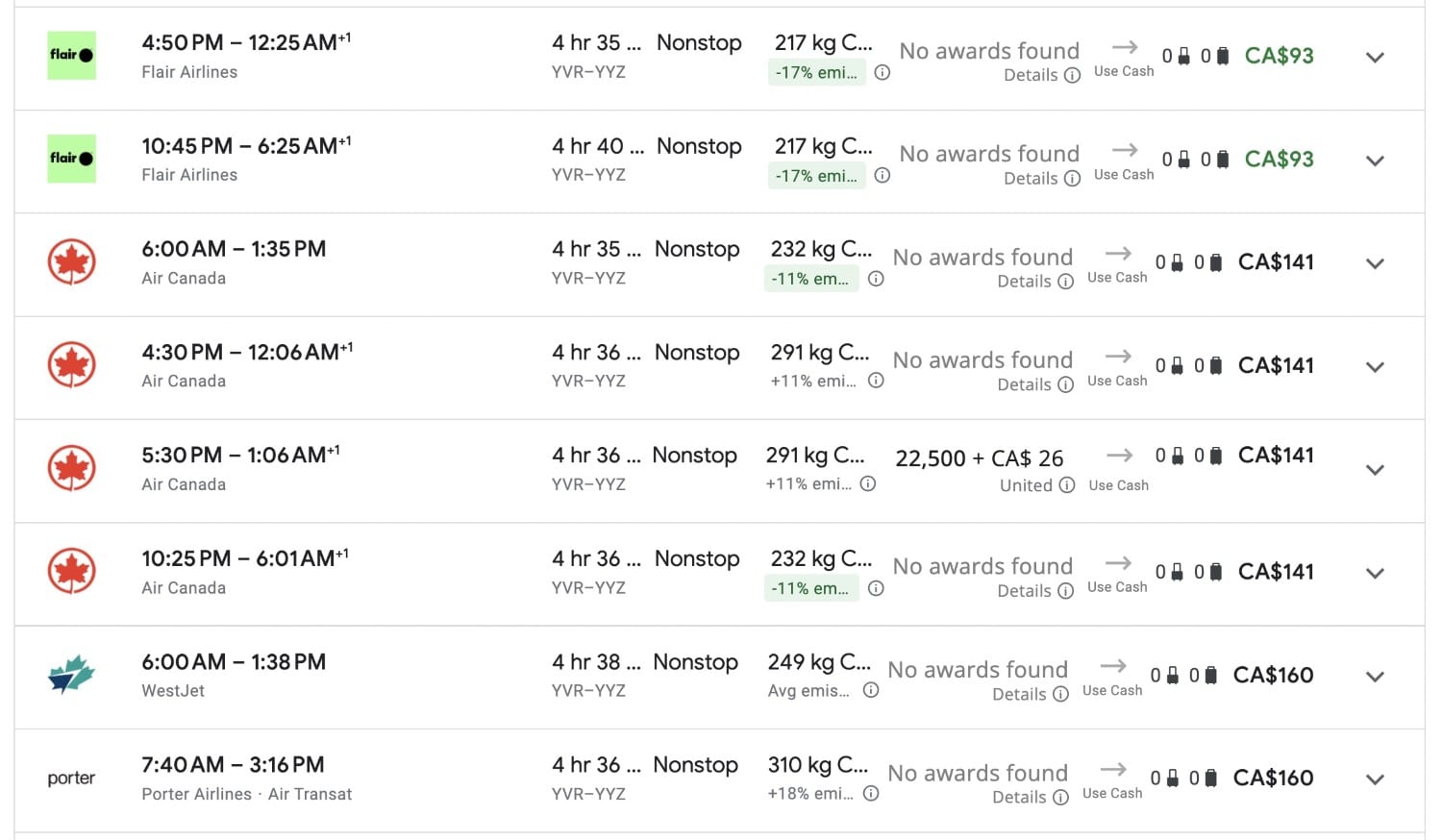canadian airlines flights from vancouver yvr to toronto yyz