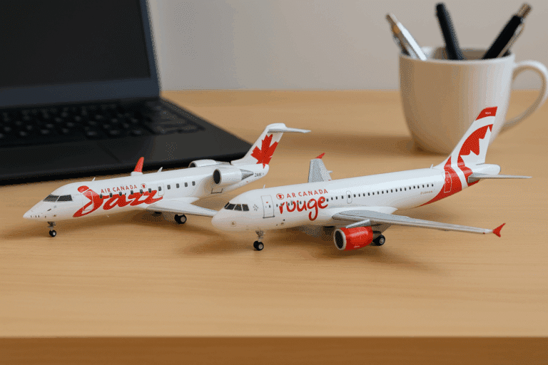 air canada rouge air canada express jazz model planes on desk