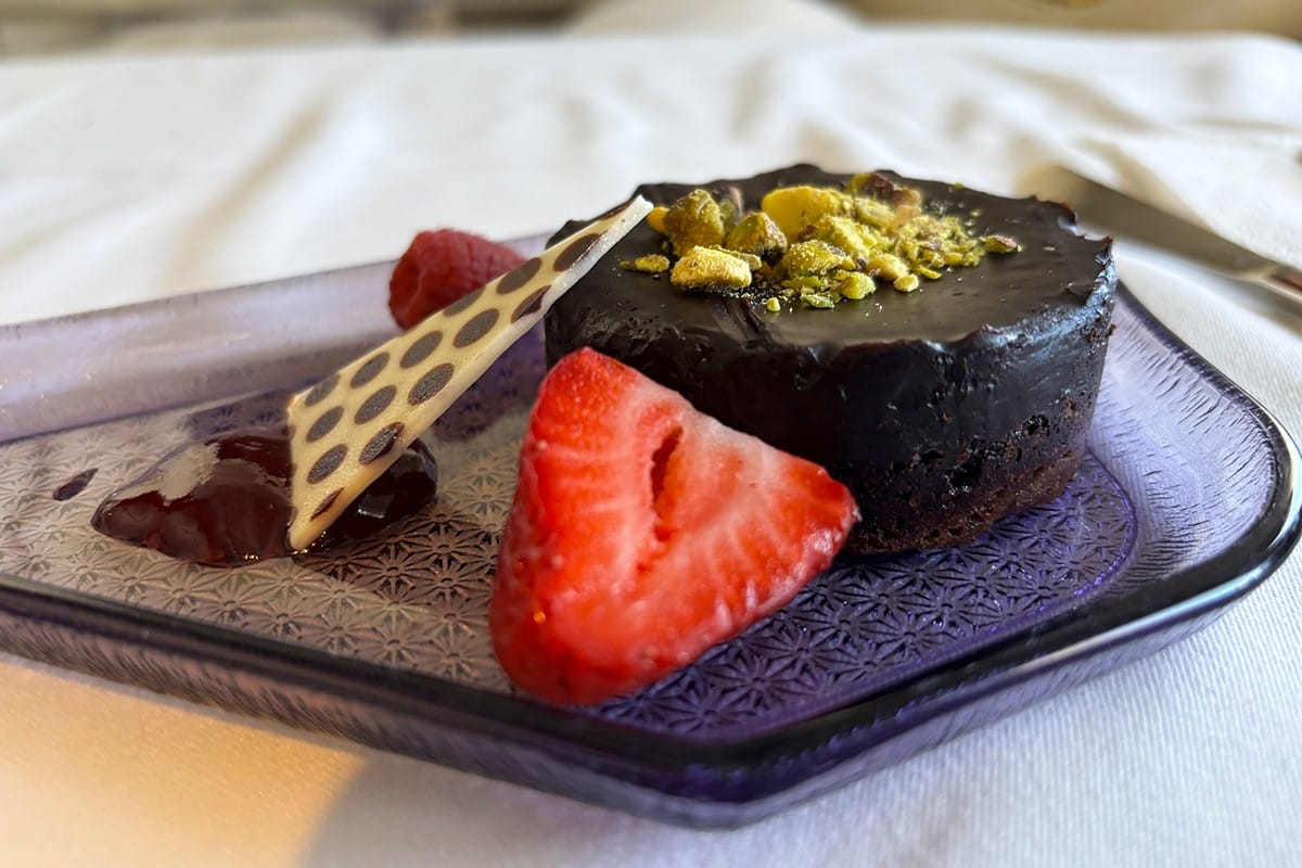 air india first class 777-300er chocolate tart dessert