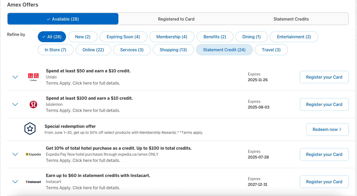 american express offers available on credit card
