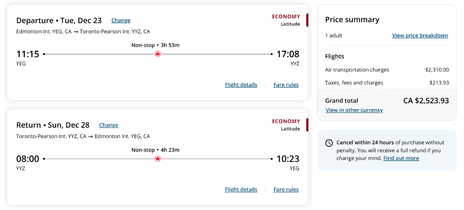air canada flight price for edmonton yeg to toronto yyz