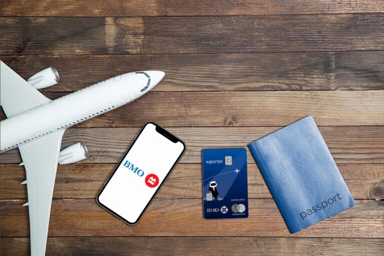 bmo viporter world elite mastercard with model plane and bmo phone app and passport