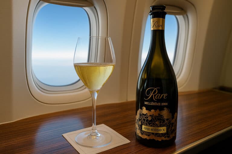 cathay pacific first class champagne piper heidsieck champagne in front of window