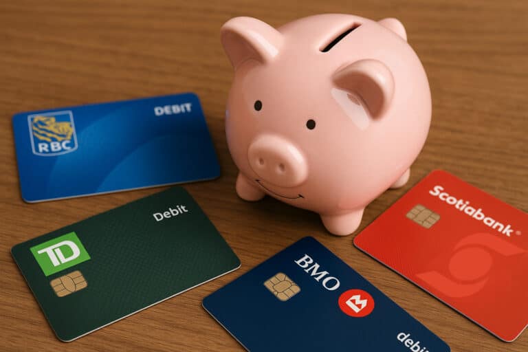 canadian bank debit cards surrounding pink piggy bank