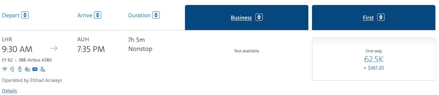 etihad airways first class lhr to auh redemption pricing on american airlines aadvantage