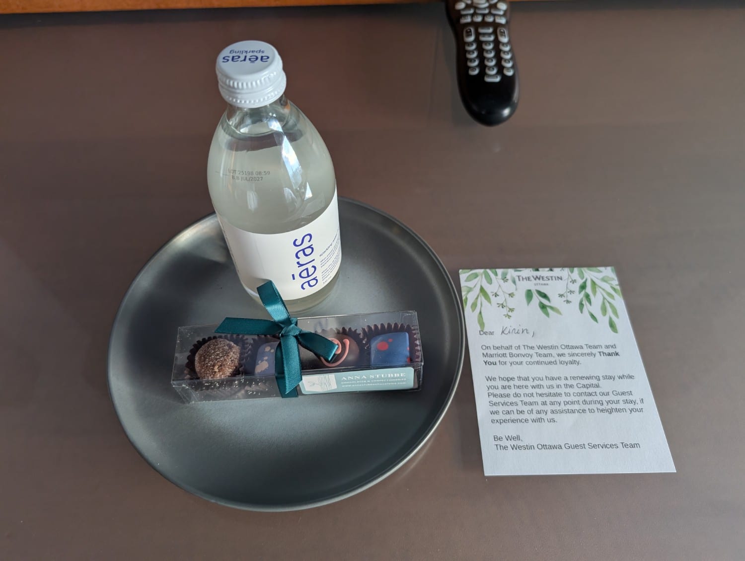the westin ottawa 2 double bed room water and welcome amenity chocolate