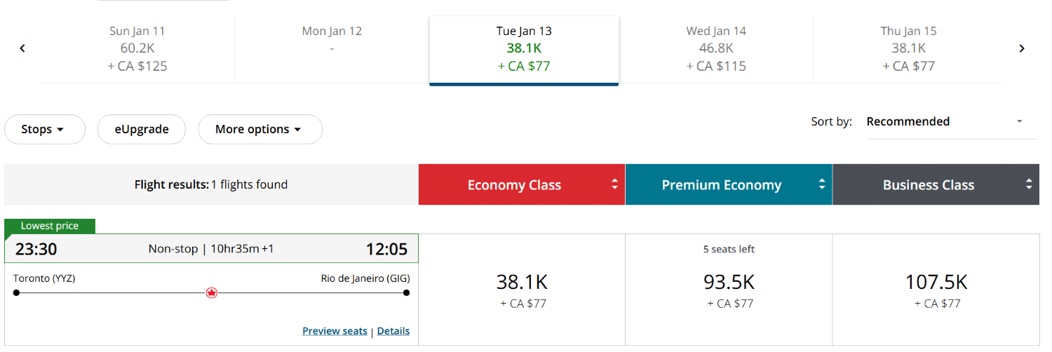 air canada aeroplan redemption toronto (yyz) to rio de janeiro (gig)