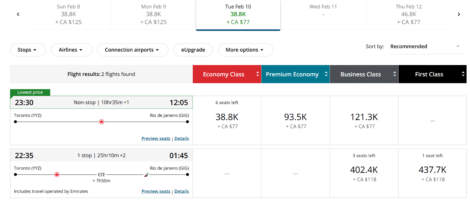air canada aeroplan toronto (yyz) to rio de janeiro (gig) redemption pricing before carnaval