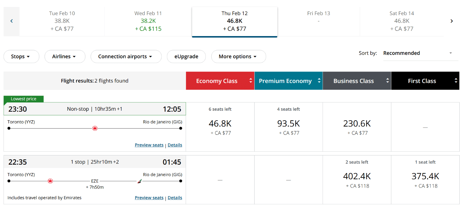 air canada aeroplan toronto (yyz) to rio de janeiro (gig) redemption pricing carnaval dates