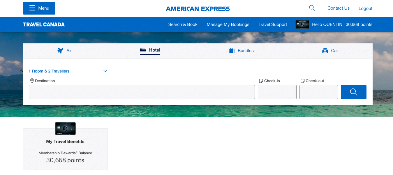 american express travel search screen