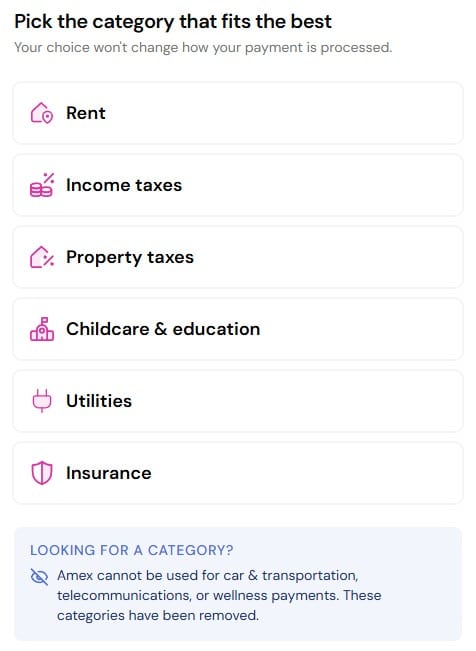 chexy payment category options