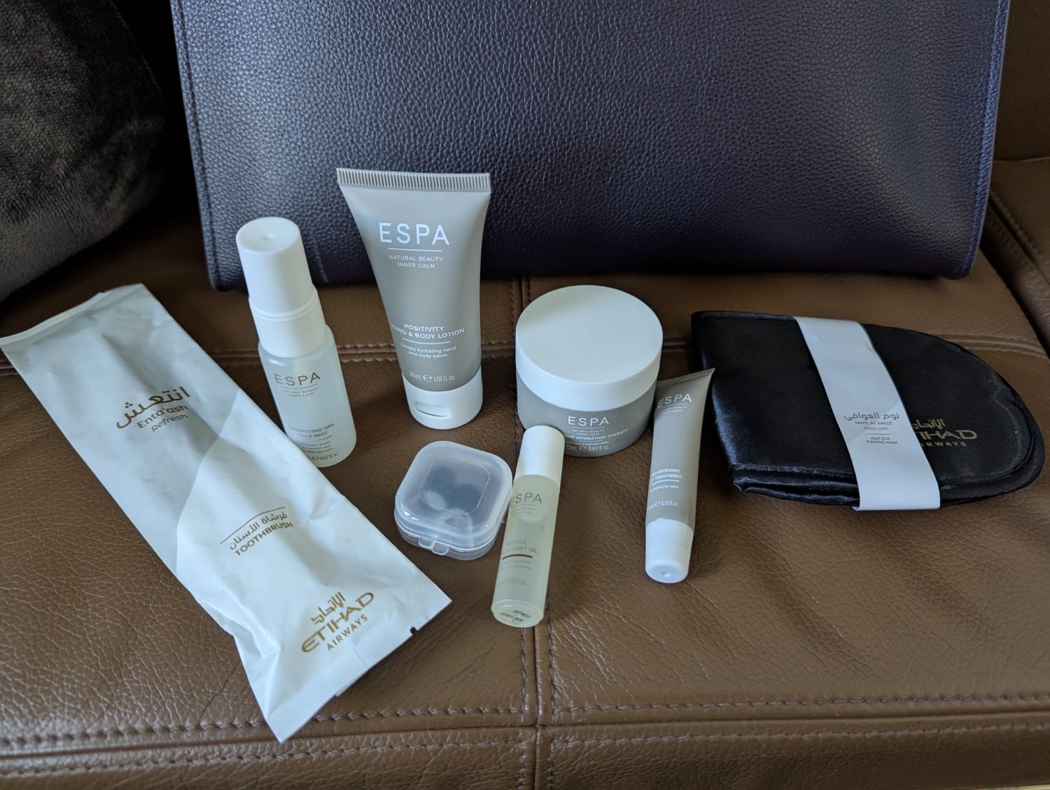 Etihad First Class "The Residence" amenity kit contents.